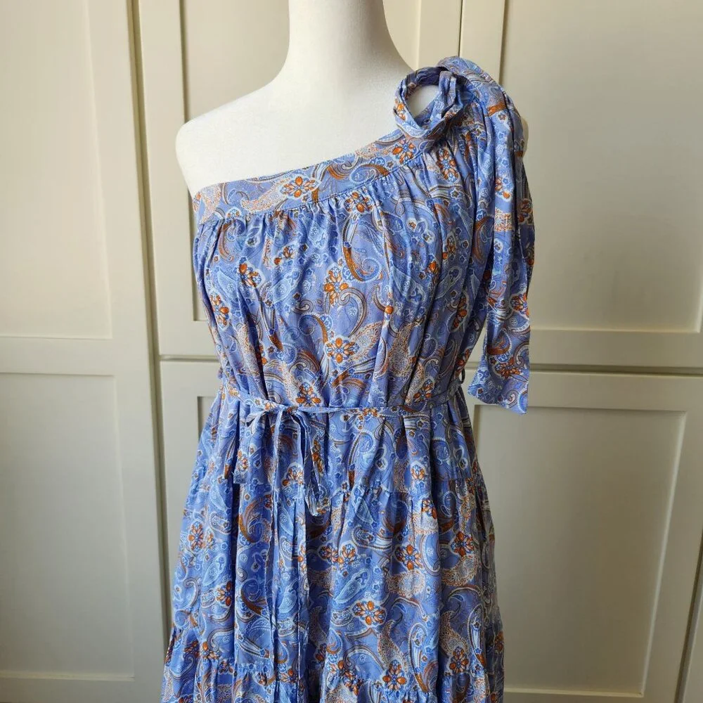 In Loom Blue Paisley One-Shoulder Dress Flowy Babydoll Boho Festival Cute Summer - Picture 3 of 12